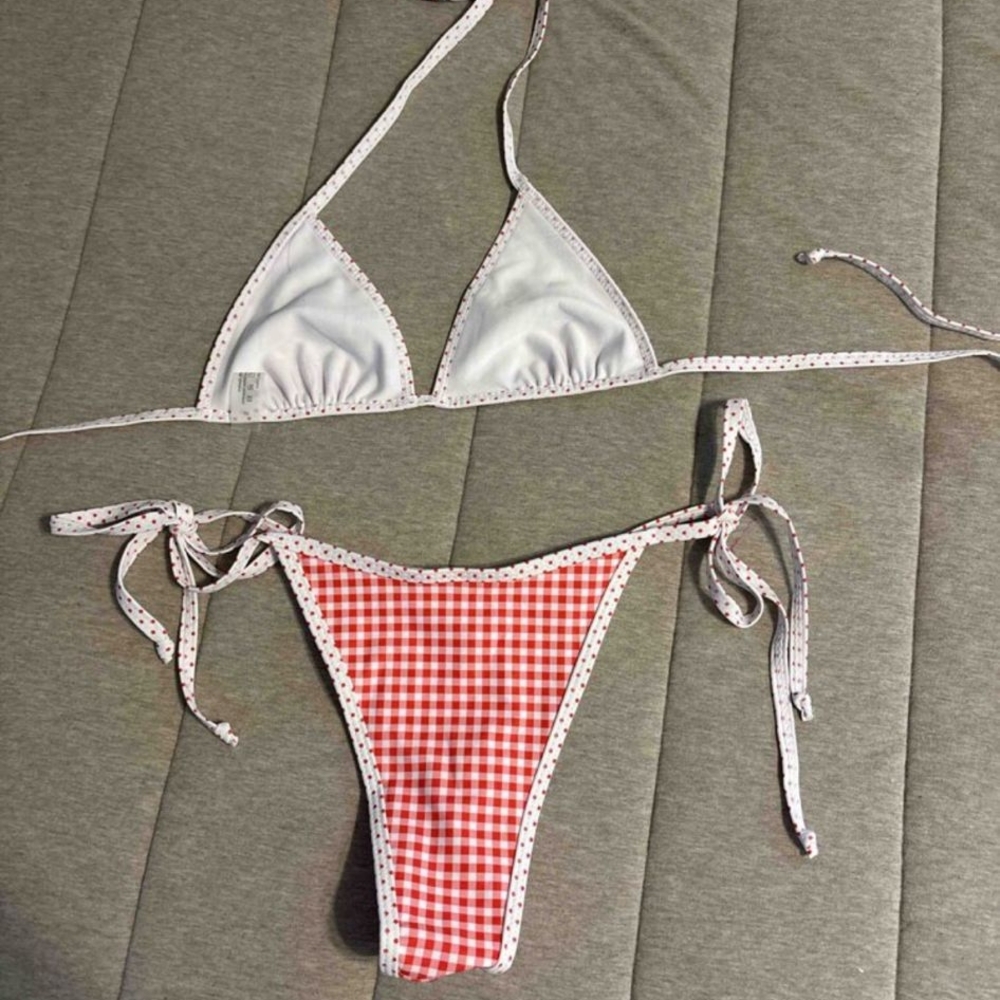 Chic Red Gingham Bikini with White Accents